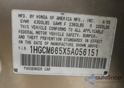 2005 Honda Accord 3.0 Ex из США, поврежденный, VIN 1HGCM665X5A056151